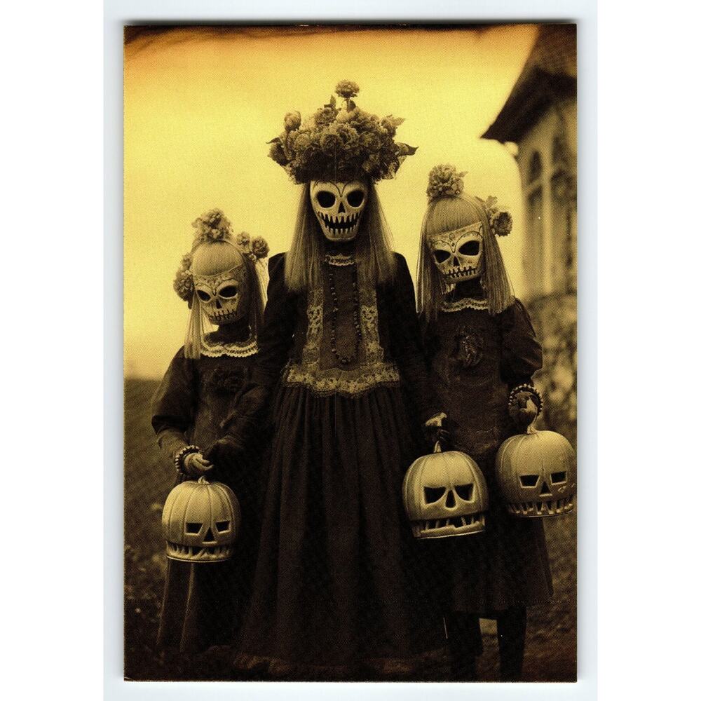 Vintage Halloween Postcard Three Girls in Skeleton Masks with Pumpkins